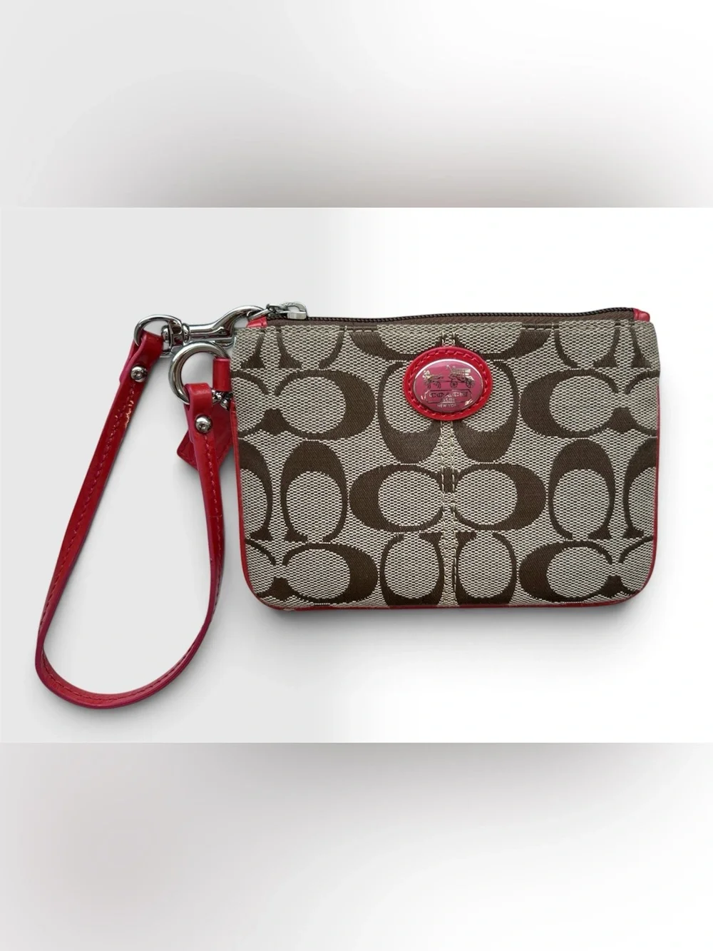 NWOT Coach Peyton Wristlet - Signature C Canvas Pink Trim Horse Carriage Plaque